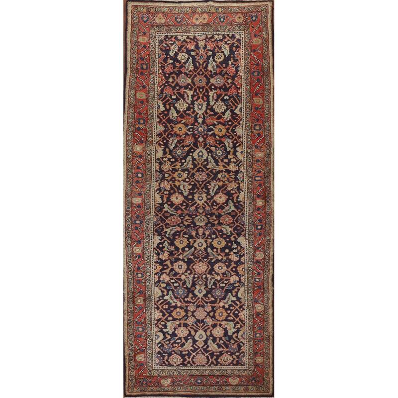Hand Knotted Oriental 100% Wool Carpet Traditional Geometric Navy Blue & Blues Mahal Runner Rug - 10' 11'' X 3' 11''