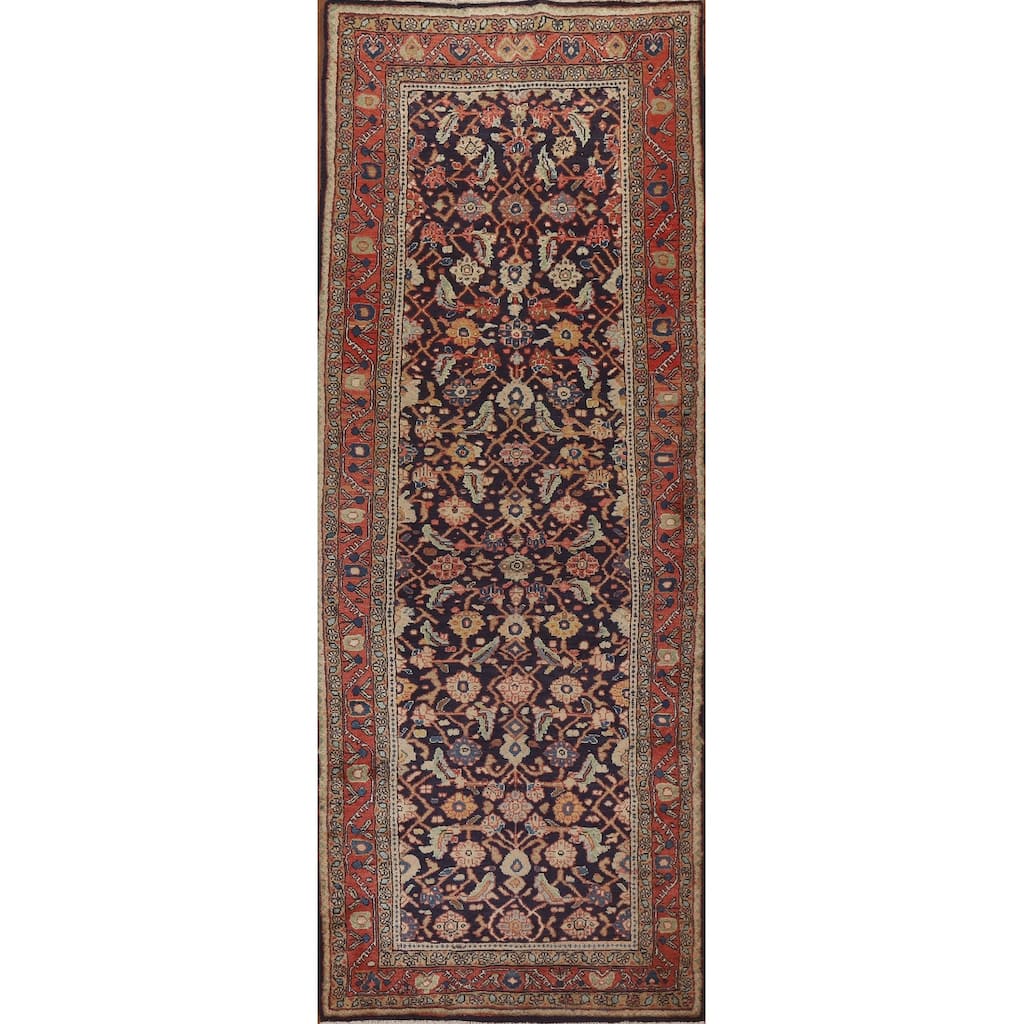 Hand Knotted Oriental 100% Wool Carpet Traditional Geometric Navy Blue & Blues Mahal Runner Rug - 10' 11'' X 3' 11''