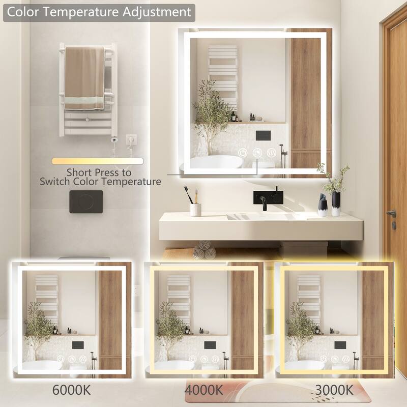 FTL Large LED Bathroom Vanity Mirror Wall Mounted Dimmable Anti-fog,Frameless,3-Color - 32×24in