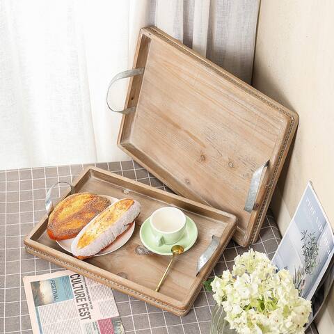 COSIEST 2-Piece Nesting Wooden Serving Trays with Wide Metal Handles