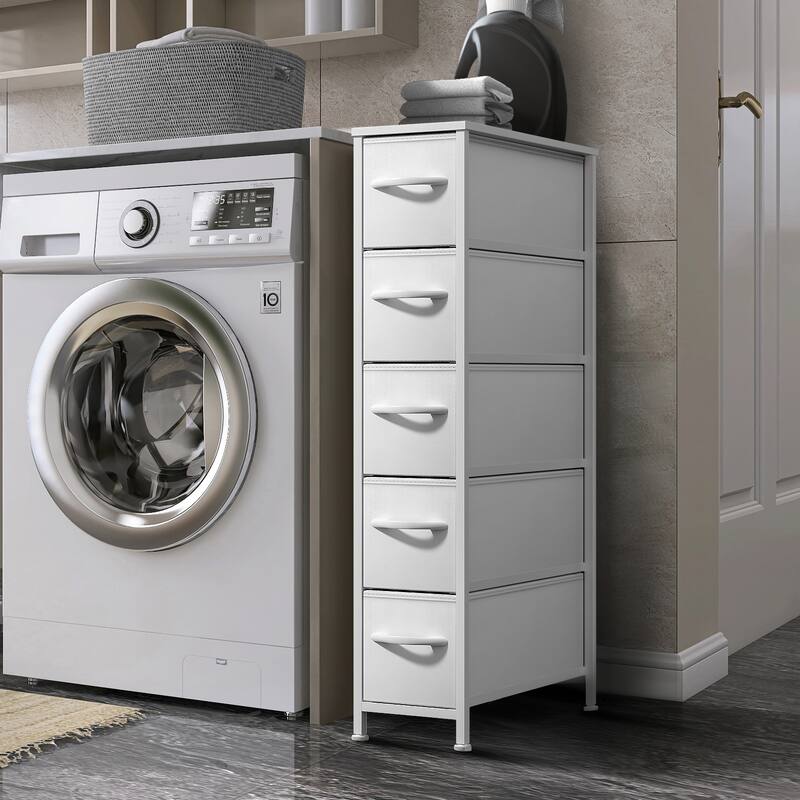 Sorbus Narrow Dresser with 5 Drawers - Vertical Slim Storage Chest of Drawers with Steel Frame, Wood Top & Easy Pull Fabric Bins