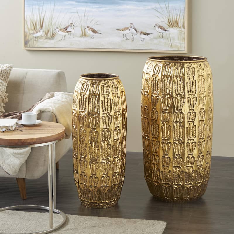 Metal Tall Decorative Vase with Grooved Patterns - Set of 2 Gold - Roche River Decor