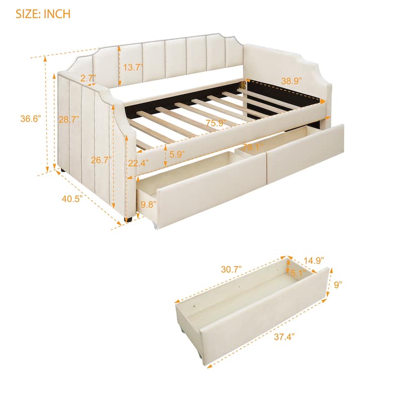 Twin Size Upholstered Daybed with 2 Drawers, Wood Slat Support
