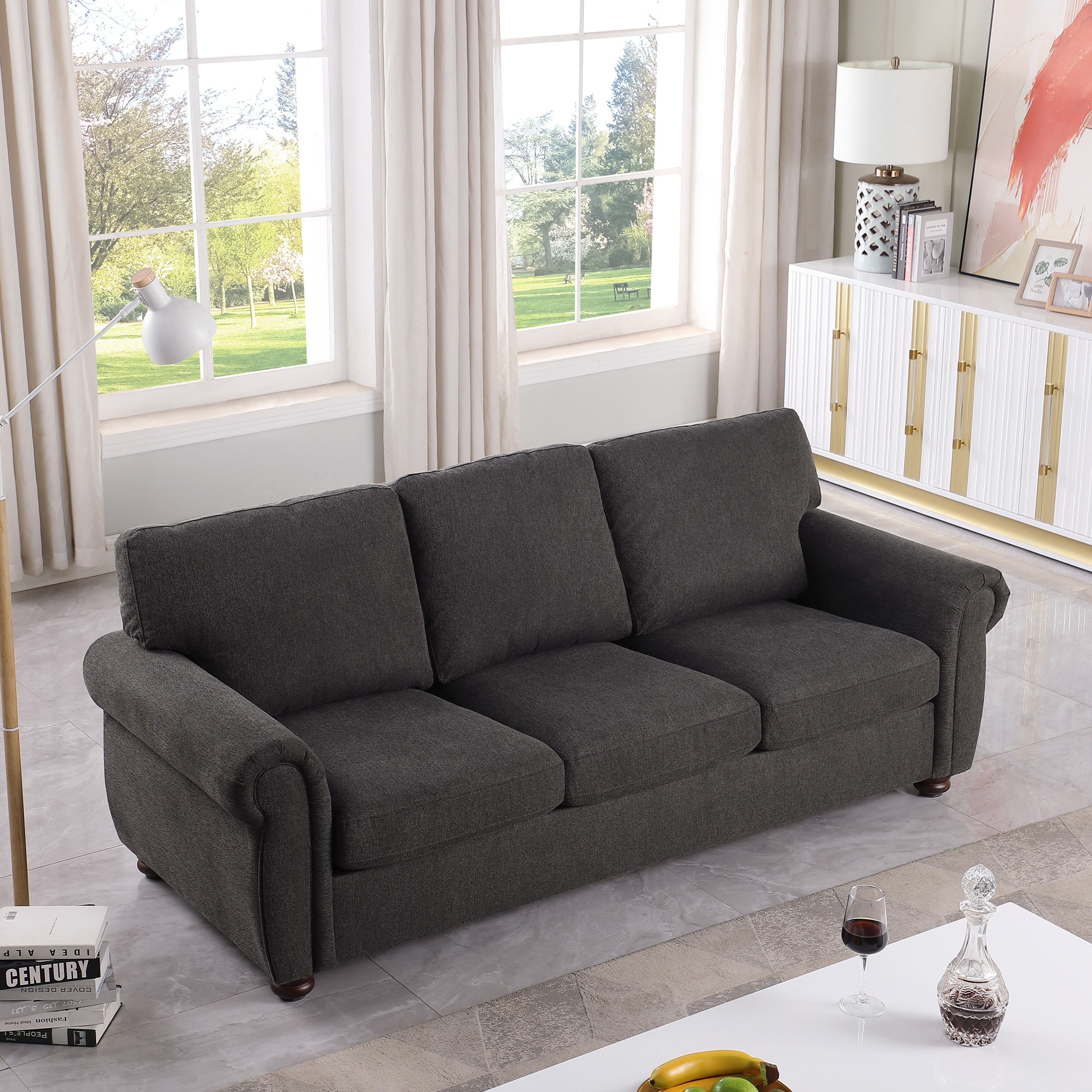 Black Black 84.6'' Chenille 3-Seater Sofa with Solid Wood