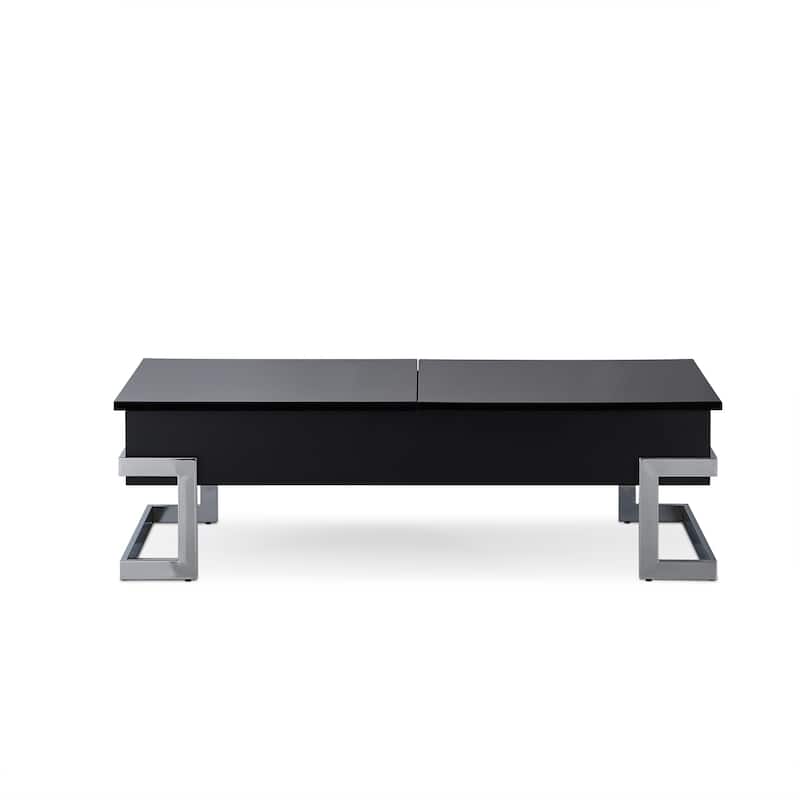 47-Inch White and Silver Lift Top Coffee Table with Metal Sled Base - 47” x 20” x 14”