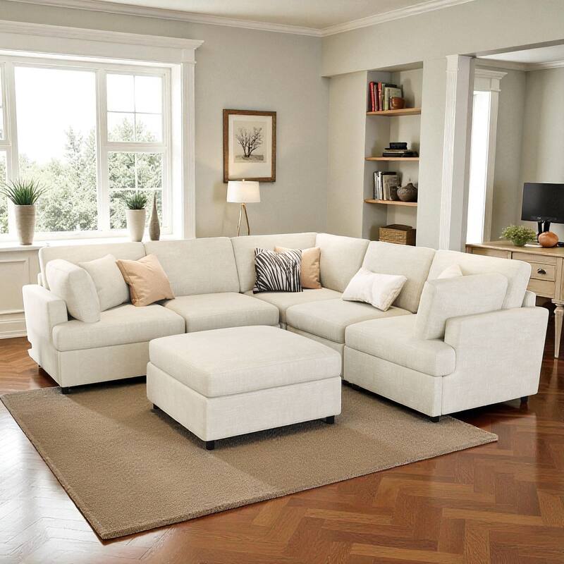127" U-Shaped Modular Sectional Sofa with Movable Ottoman, 6-Piece Chenille Couch Set with Pine Wood Frame for Living Room - Beige