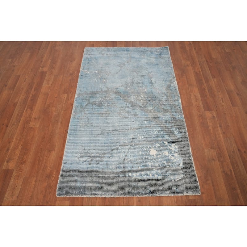 Hand Knotted Oriental Viscose Silk Carpet Modern All-Over Navy Blue & Blues Abstract Area Rug - 5' 0'' X 3' 0''