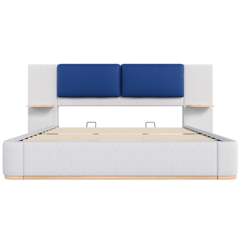 Roomfitters King Size Upholstered Platform Bed Frame, Modern Panel Headboard with Rounded Corners, Solid Wood Slats
