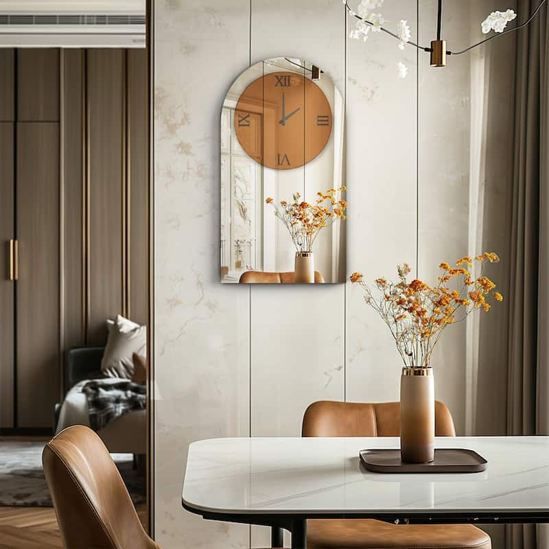 Modern Arched Mirror Clock Wall Double-Layer Glass Decor Mirror Clock Large