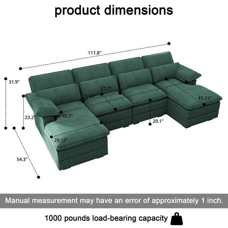111.8" U-Shaped Cloud Sectional, 4-Seater Corduroy Upholstered Sectional with Recliner and Cushions