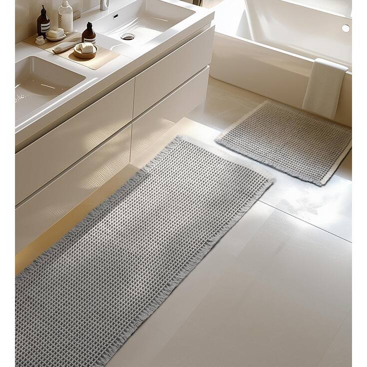 Large Waffle Bath Mat Set, Non Slip Bathroom Mat Set - Gray-white