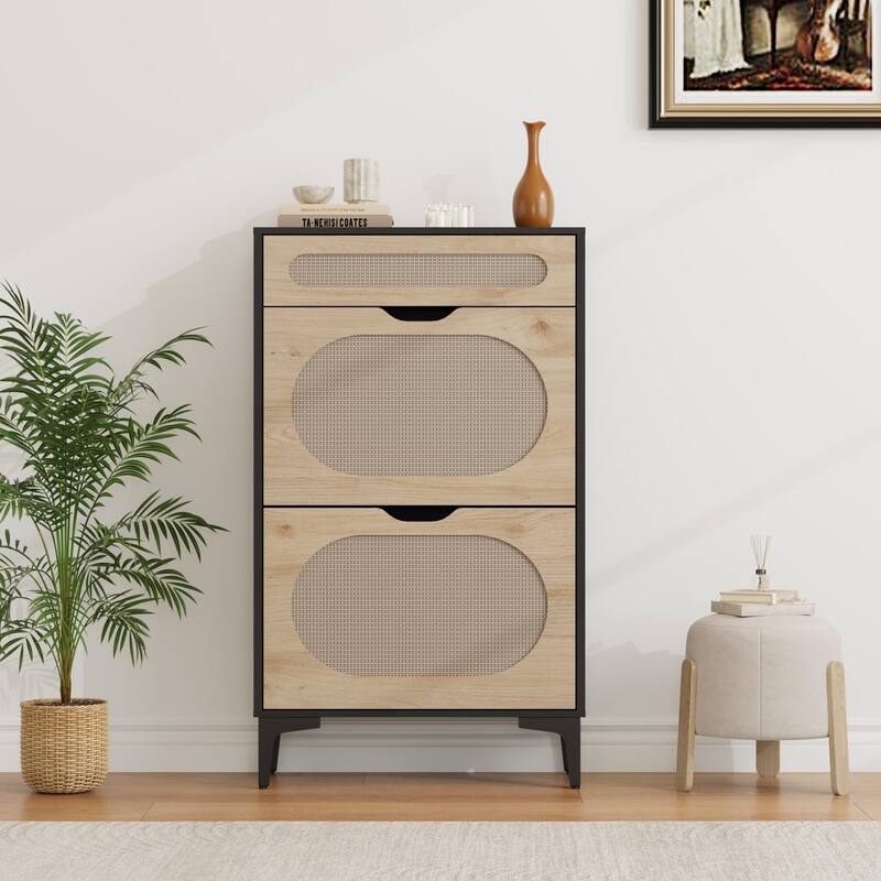 Shoe Cabinet, Rattan Shoe Storage With 2 Flip Drawer and 1 Pull-Out Drawer, Heavy Duty Metal Leg