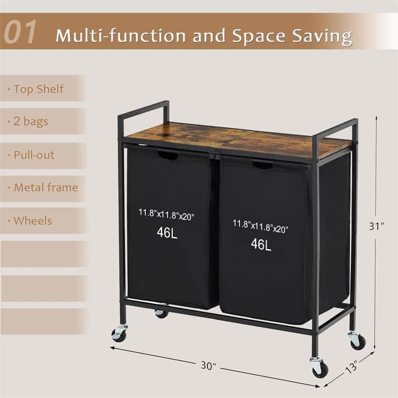 Laundry Basket with Wheels and Shelf - 30"L x 13"W x 31"H