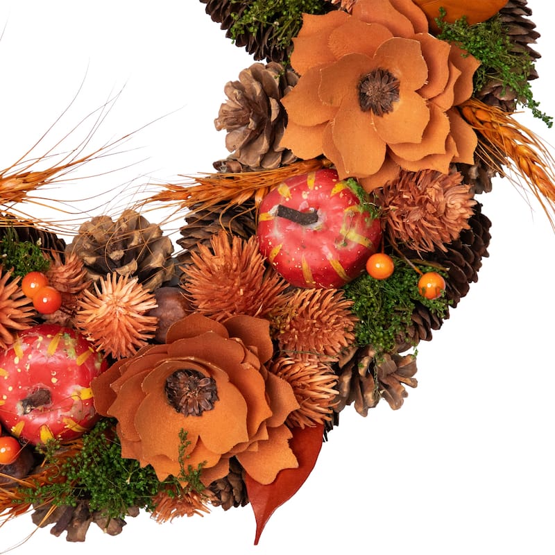 Autumn Harvest Orange Flowers Gourds Pine Cone Wreath 13.25 Inch Unlit