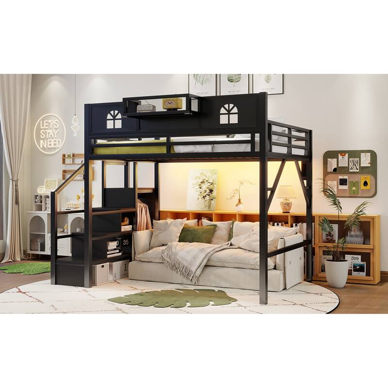 Roomfitters Full/Queen Metal Loft Platform Bed, Staircase Wardrobe and LED Charging Station with House Guardrails for Bedrooms