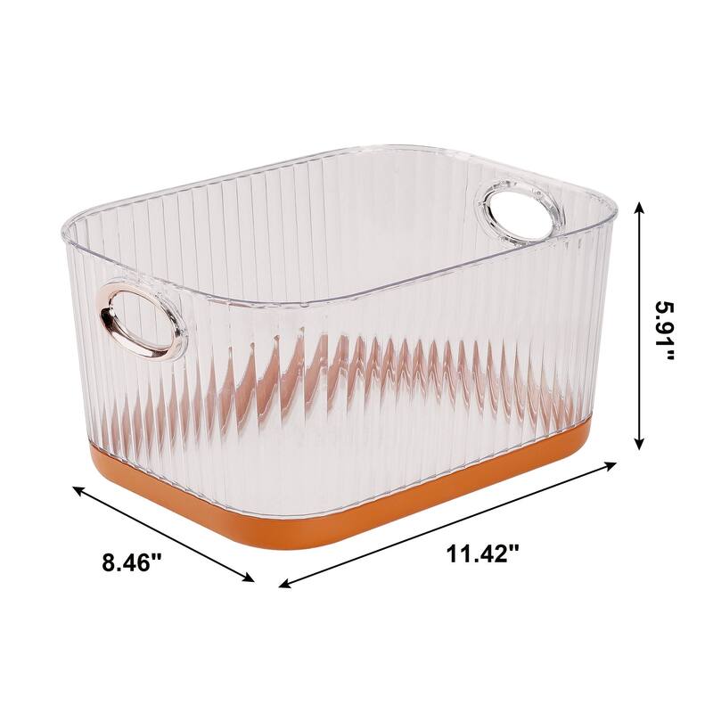 VECELO 4-Pack PET Storage Bins with Handles 2-Size Set with Orange Trim for Bathroom Kitchen Pantry Clear Plastic Storage Boxes