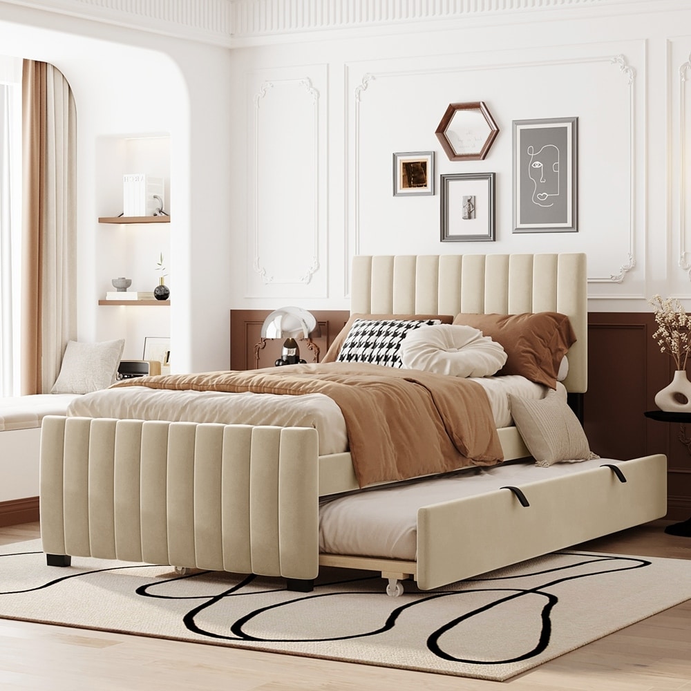 Velvet Upholstered Platform Bed with Twin Size Trundle
