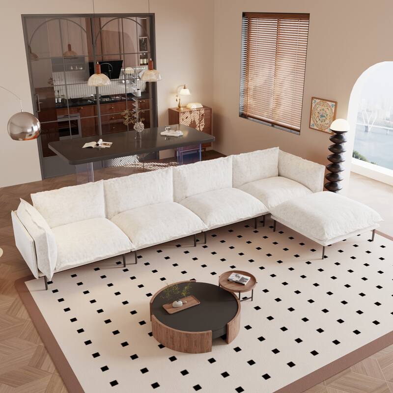 147" L-Shaped Chenille Comfy Sectional Couches for Living Room 4-Seater Cloud Couches with Movable Ottomans - Beige