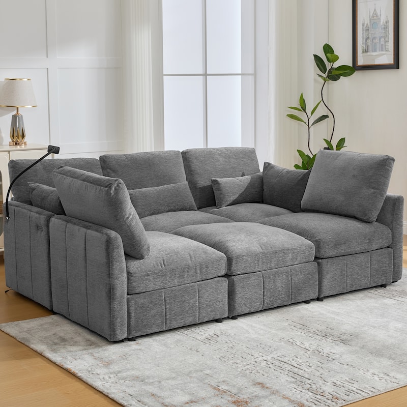 Modular Sectional Sofa with Movable Ottoman Convertible L-Shape or U-Shape Sofa Bed Built-in USB Charging Ports and Phone Holder