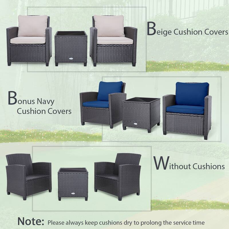 3 Pieces Rattan Patio Furniture Set with Washable Cushion - Chair: 26.5" x 26.5" x 30"