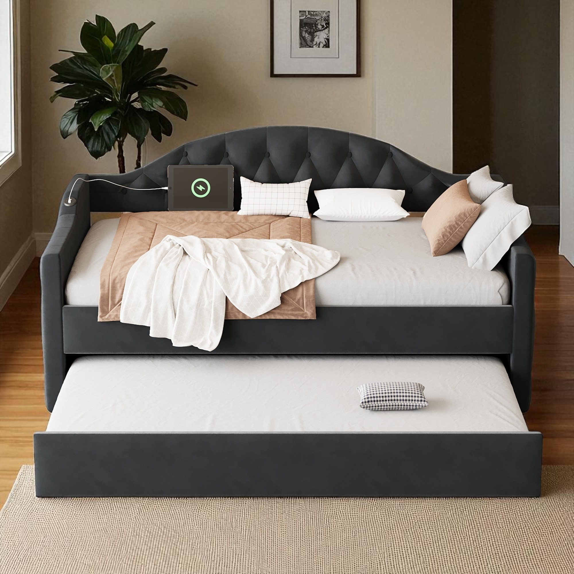 Twin Size Tufted Upholstered Daybed with Trundle, Velvet Platform Sofa Bed with USB and Type-C Ports