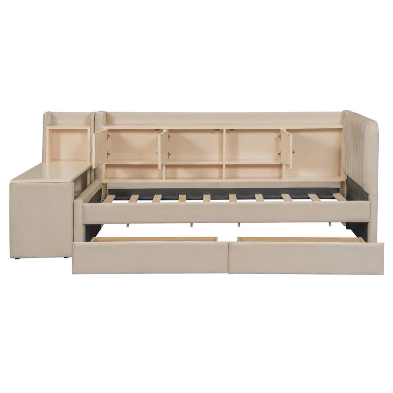 Twin Size Upholstered Daybed with Drawers, Shelves, Flip Cabinets & Side Table, Beige