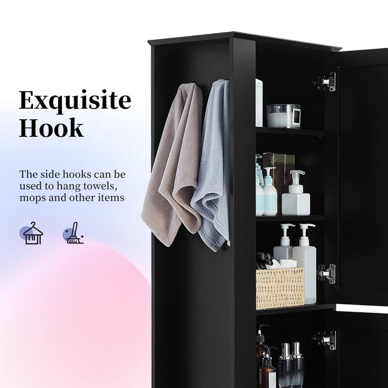 68-Inch Tall Bathroom Storage Cabinet with 2 Doors, Adjustable Shelves, Side Hooks & Anti-Tip Kit, Freestanding Organizer, Black
