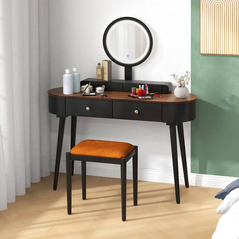 Costway Solid Wood Makeup Vanity Desk Set with LED Lighted Mirror