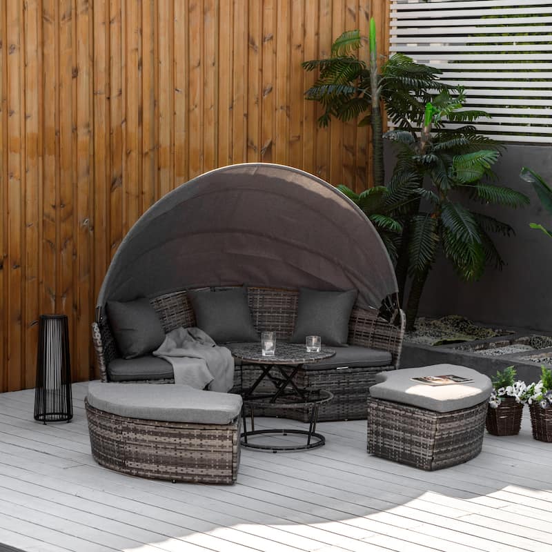 Outsunny 5 Pieces Patio PE Wicker Lounge Set, Outdoor Rattan Garden Conversation Furniture Set, Round Sofa Bed - Grey