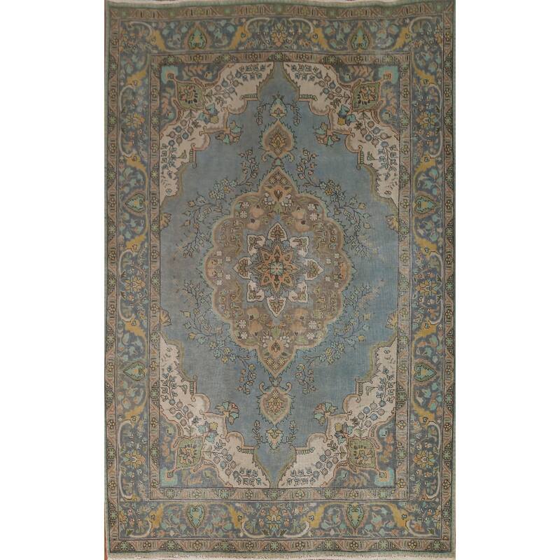 Hand Knotted Oriental 100% Wool Carpet Traditional Medallion Navy Blue & Blues Tabriz Area Rug - 9' 4'' X 6' 8''