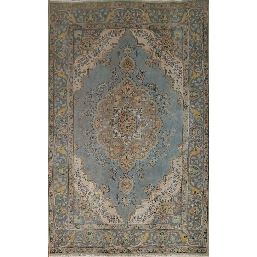 Hand Knotted Oriental 100% Wool Carpet Traditional Medallion Navy Blue & Blues Tabriz Area Rug - 9' 4'' X 6' 8''