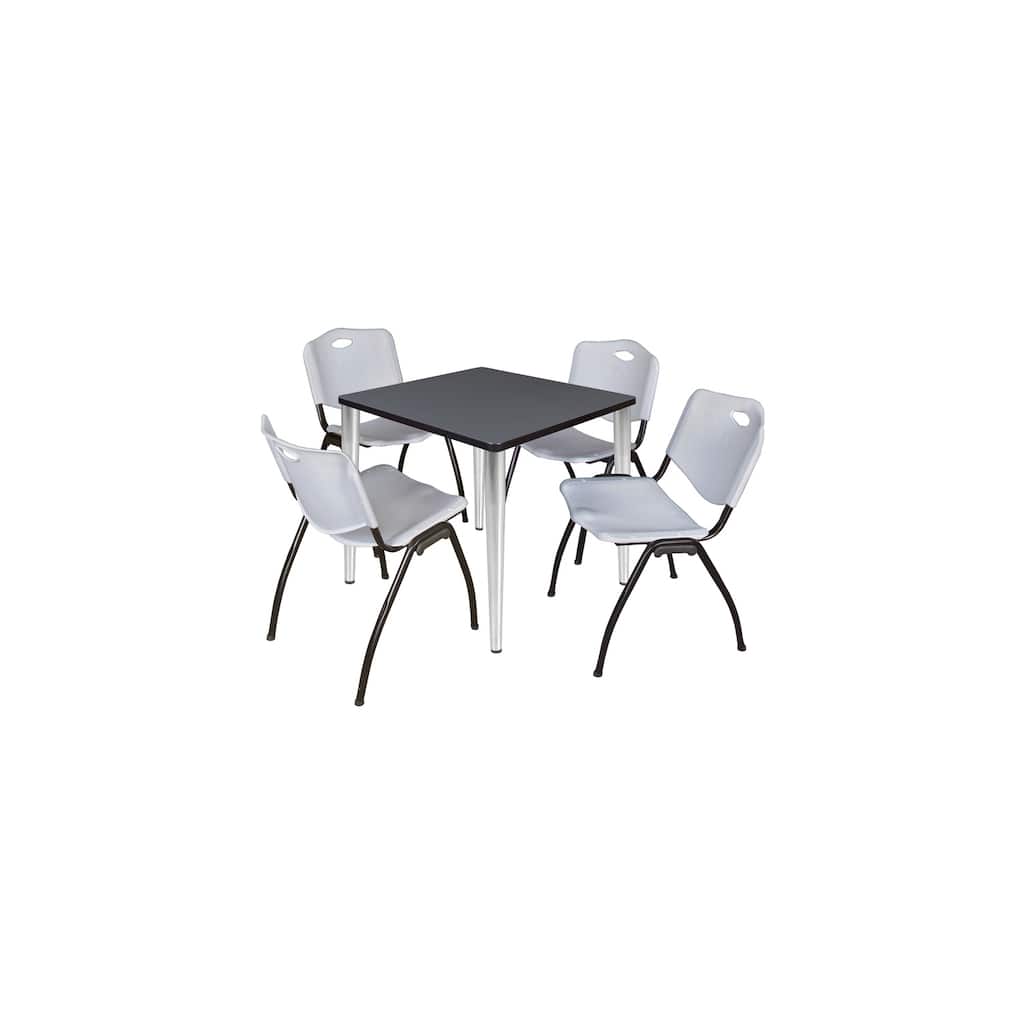30 in. Square Breakroom Table- Grey Top, Chrome Base & 4 M Stack Chairs- Grey