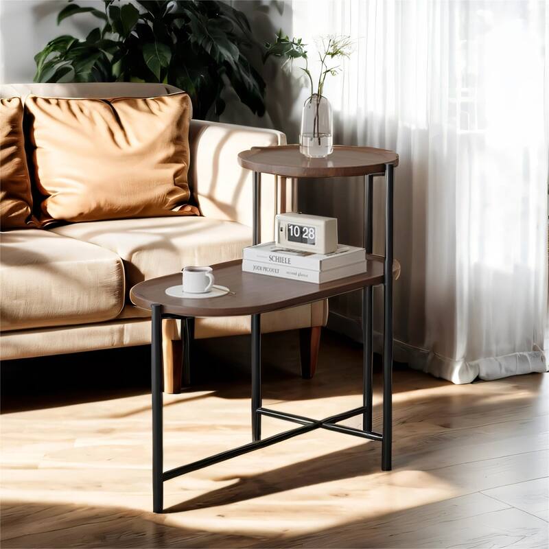Round Coffee Table with Storage Tray, 2 Tier Wooden Oval End Tables