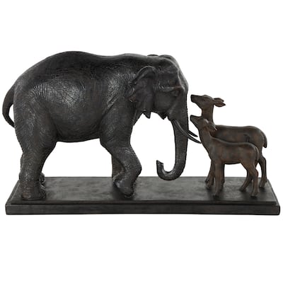 Black Resin Walking Elephant Decorative Sculpture with Dark Brown Deer - 6"W x 20"L x 11"H