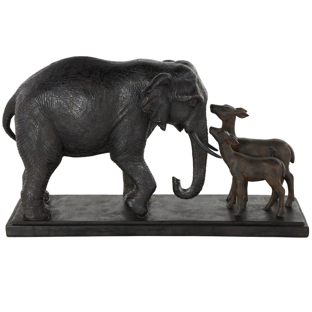 Black Resin Walking Elephant Decorative Sculpture with Dark Brown Deer - 6"W x 20"L x 11"H