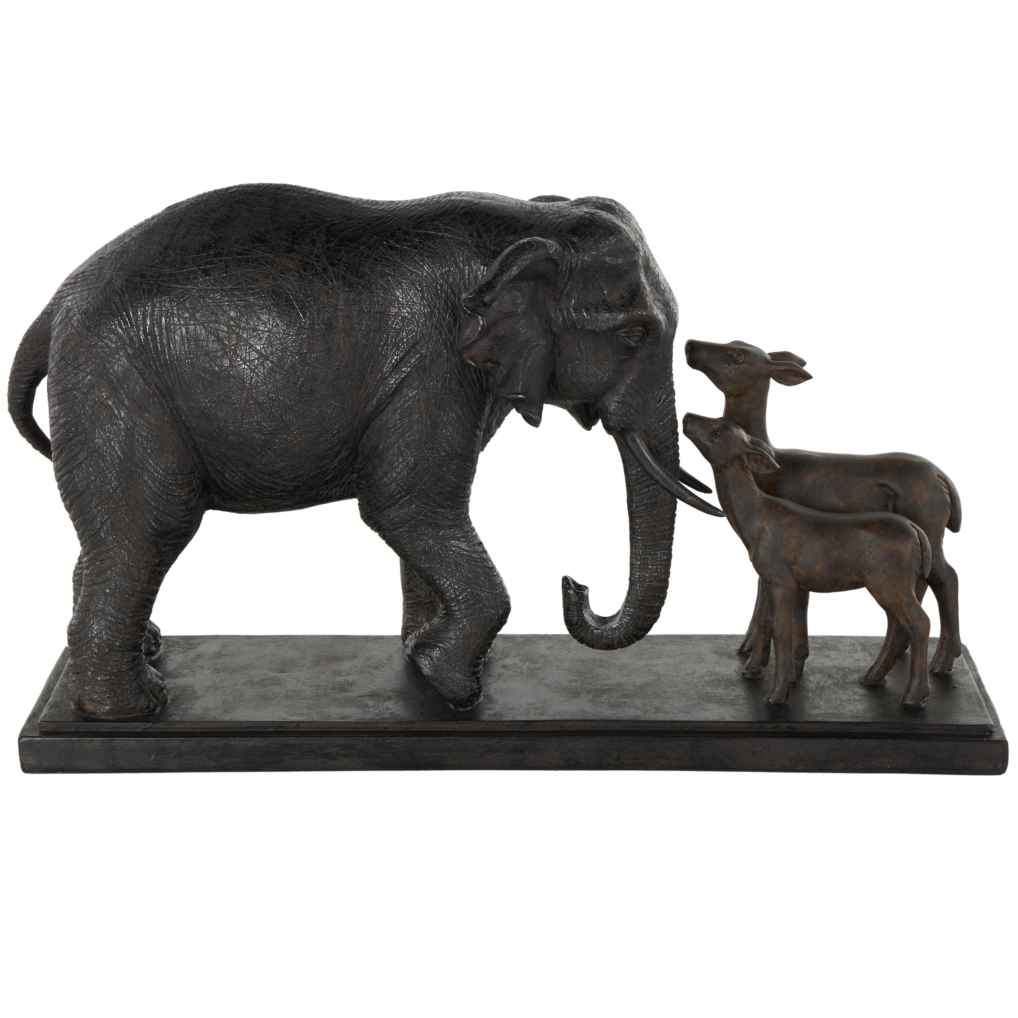 Black Resin Walking Elephant Decorative Sculpture with Dark Brown Deer - 6"W x 20"L x 11"H