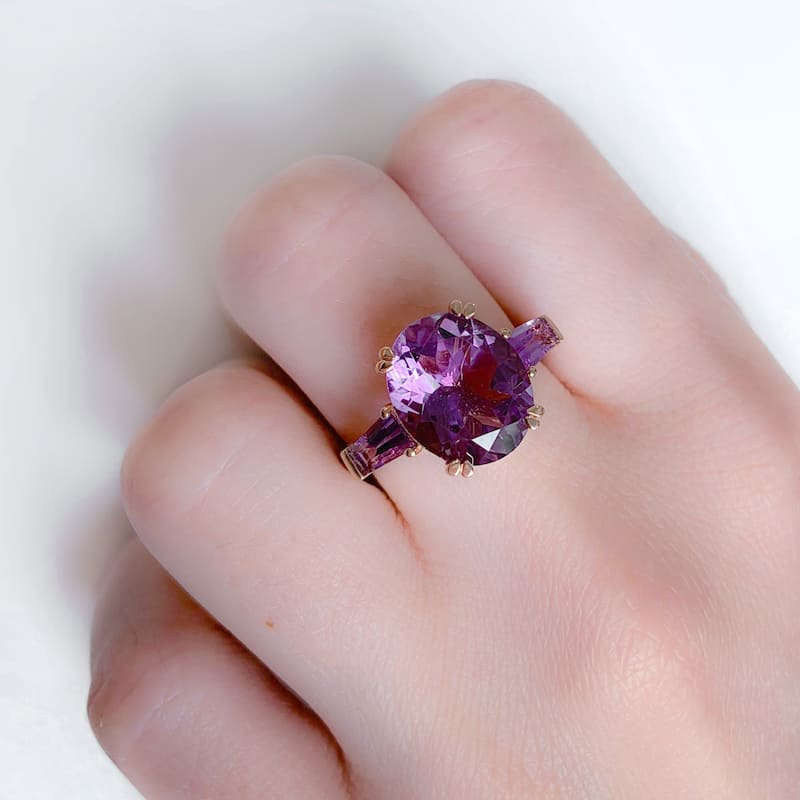 Oval and Taper-Cut Amethyst 3-Stone Ring in 14k Rose Gold by Miadora