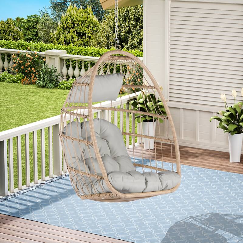 Handwoven Rattan Swing Chair Basket Chair Hammock Chair, Outdoor Hanging Egg Chair with Waterproof Cushion