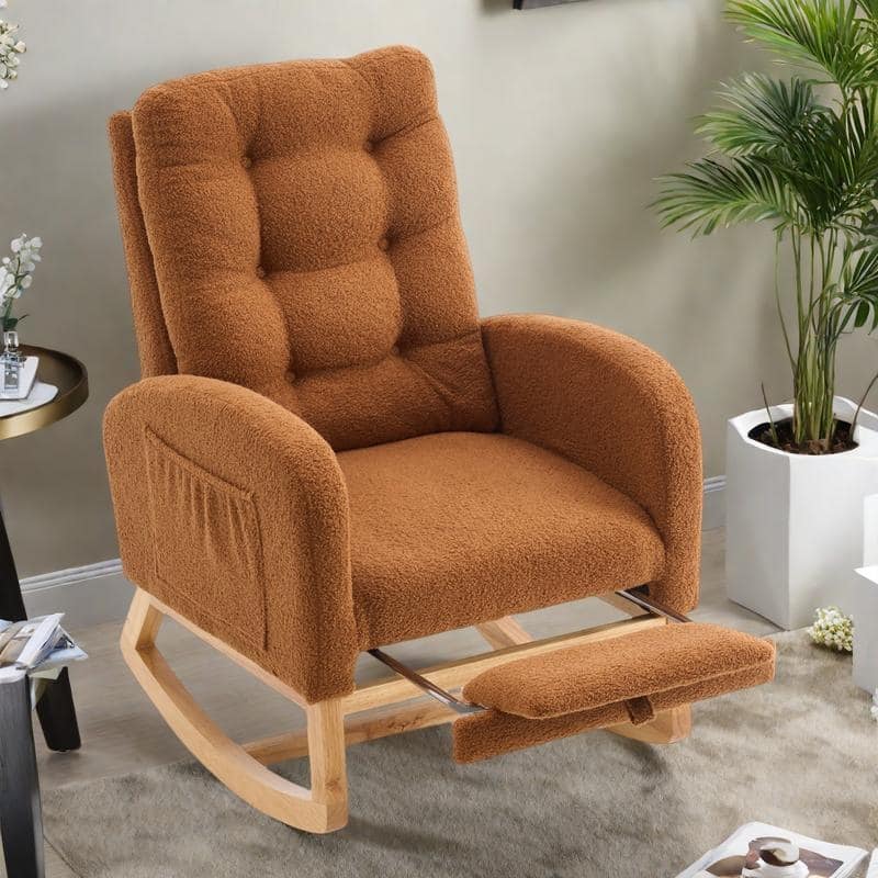Plush Rocking Chair with Adjustable Footrest and Storage Pocket