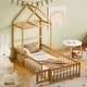 slide 2 of 42, Twin Size Wooden Floor Bed w/Fence Railings & Detachable House Shape Headboard, Kids Montessori Bed Frame for Girls Boys,Natural Natural - Twin