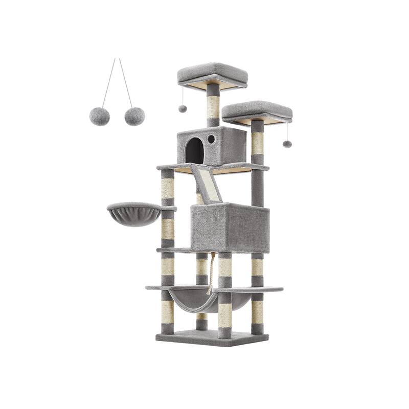 Cat Tree, 66.1-Inch Large Cat Tower with 13 Scratching Posts, 2 Perches, 2 Caves, Basket, Hammock, Pompoms - Light Grey