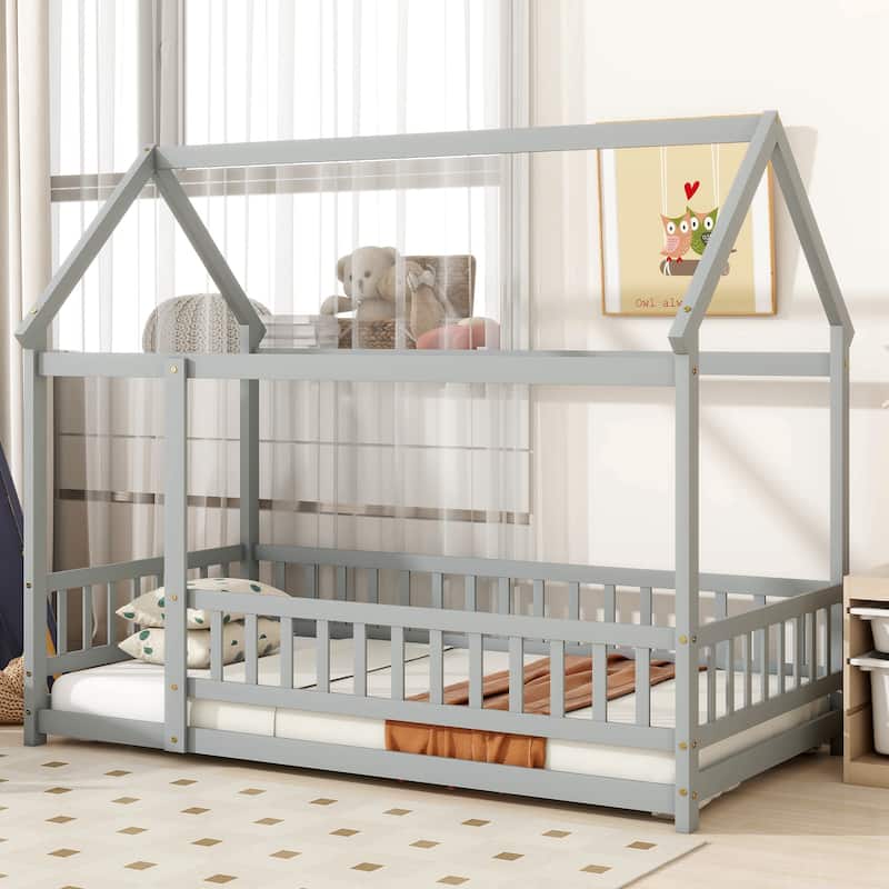 Twin Size House Floor Wooden Bed with Roof Frame,Safety Guardrails - Grey