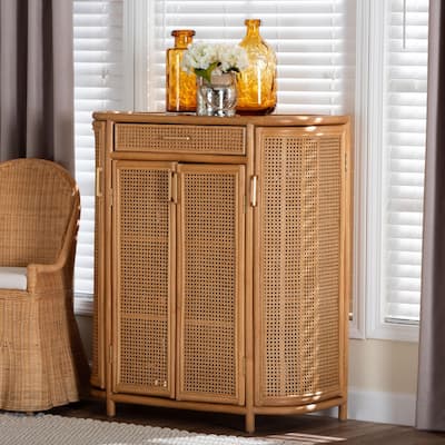 McKenna Natural Rattan Storage Cabinet - Handwoven Wicker Accent Cabinet, Boho Coastal Style for Living Room or Entryway
