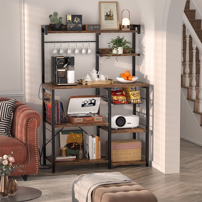 Bakers Rack with Power Outlet and LED Light Strings, Kitchen Storage Shelf - Brown