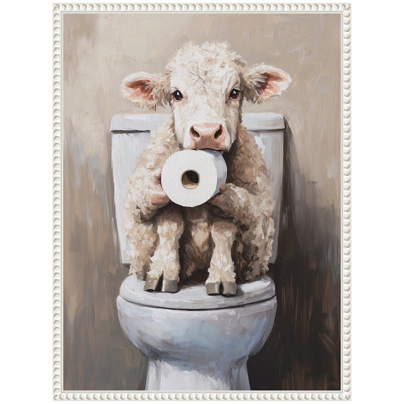 Kate and Laurel Sylvie Cute Cow Toilet Paper Roll Toilet Bathroom Art Framed Canvas by The Creative Bunch Studio