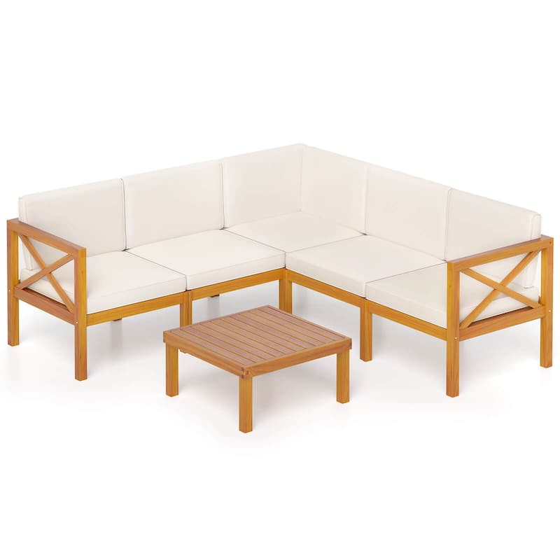 Gymax Set of 6 Acacia Wood Patio Furniture Set w/ Cushions & Coffee