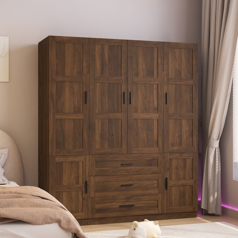 6 Door Armoire Wardrobe Closet with Big 3 Drawers, Wooden Freestanding Bathroom Armoire Cabinet with Shelves and Hanging Rod