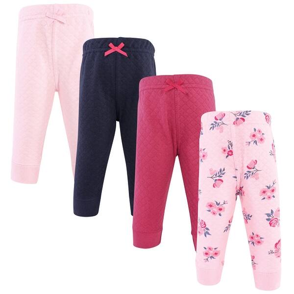slide 1 of 1, Hudson Baby Infant Girl Quilted Jogger Pants 4pk, Pink Navy Floral 0-3 Months - Pink Navy Floral