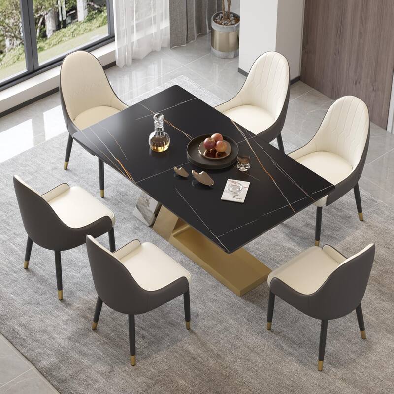 Rectangle Faux Marble Dining Table Sintered Ston Tabletop - Black - 63"
