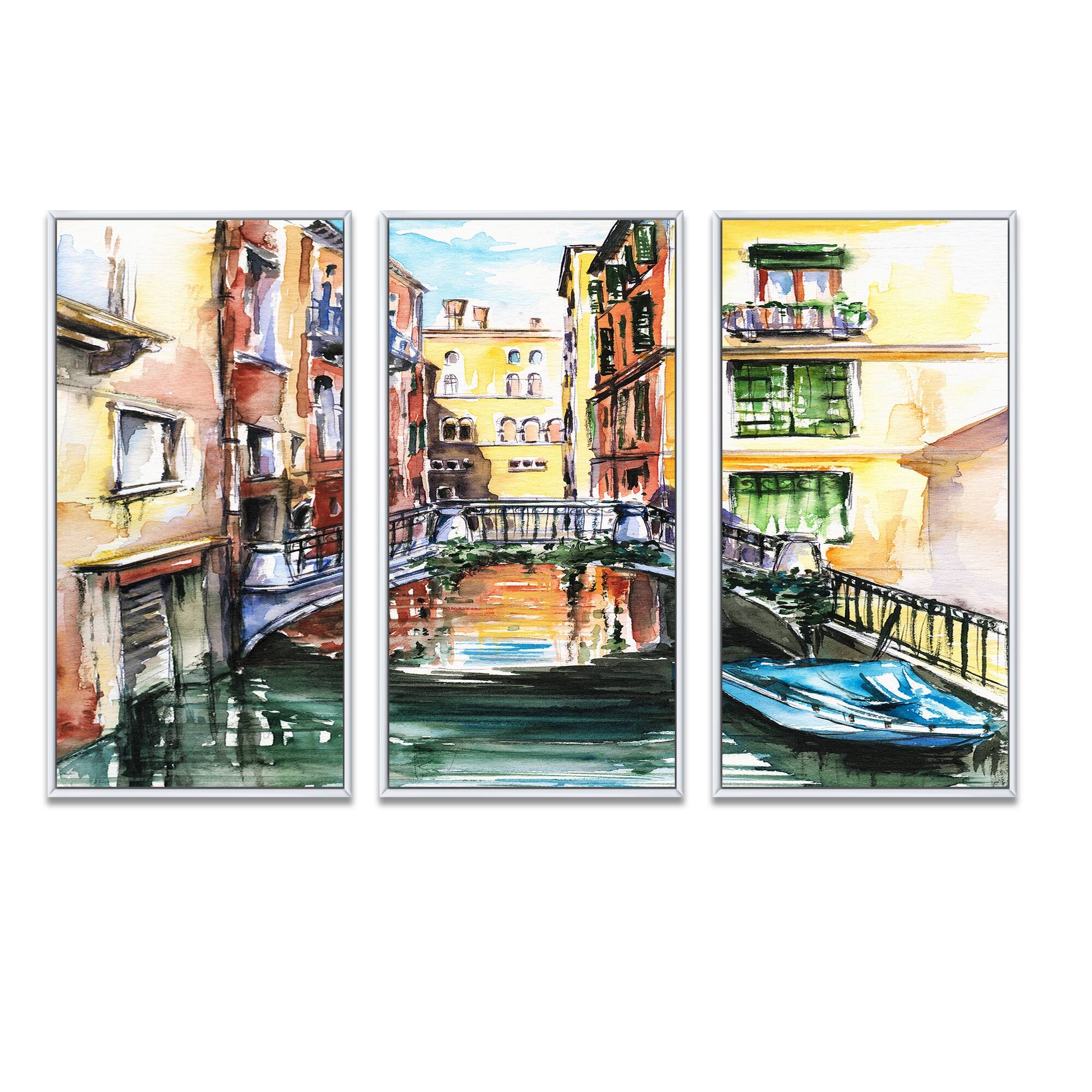 Designart "Venice Canal Meeting Bridge" Cityscape Framed Artwork Set of